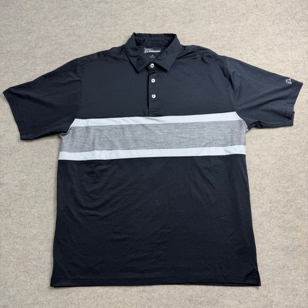 Boeing Mens Polo Shirt Large Black Grey White Colorblock Short Sleeve Golf Top